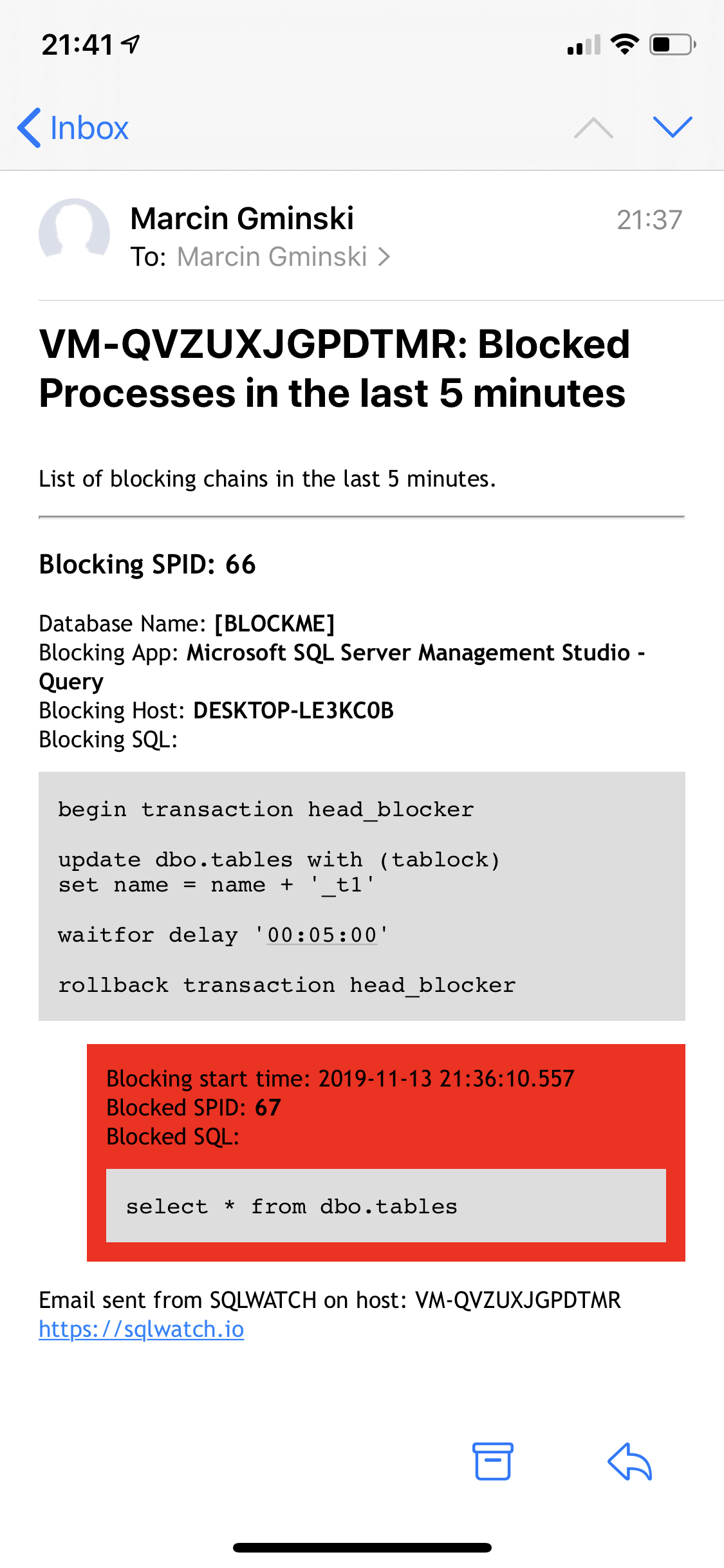 SQLWATCH Blocking email notification