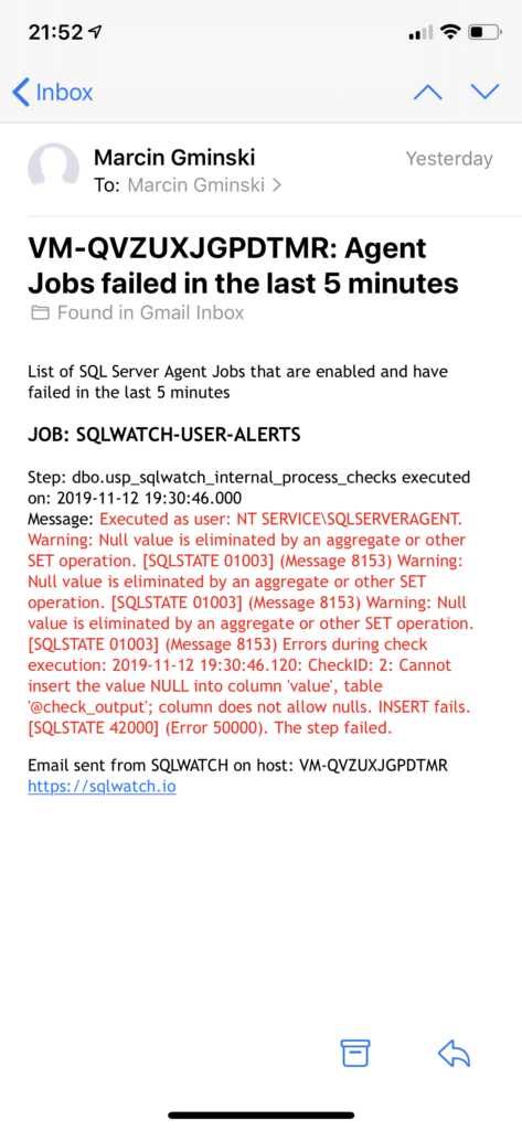 SQLWATCH Agent Job Failure Alert notification
