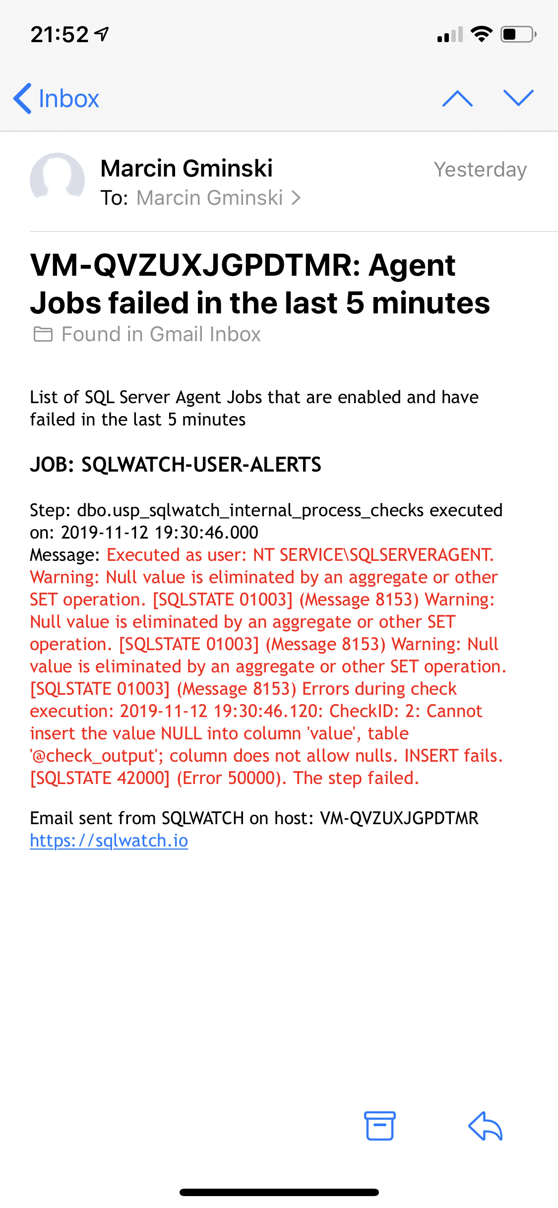 SQLWATCH Agent Job Failure Alert notification